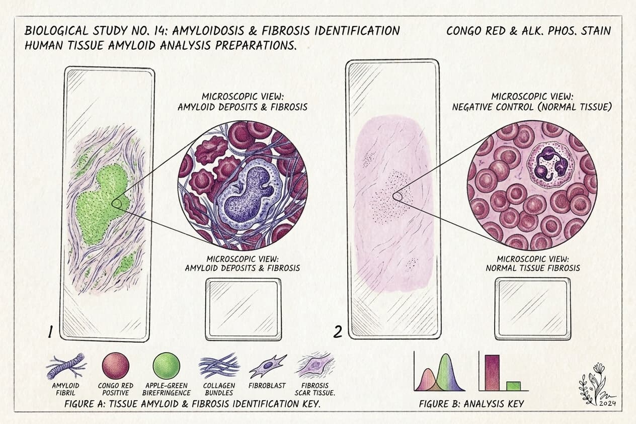 Biological Study No. 14 β Amyloidosis & Fibrosis Identification. Microscopic views showing amyloid deposits and fibrosis (left) vs. normal tissue control (right). Congo Red & Alkaline Phosphatase stain.