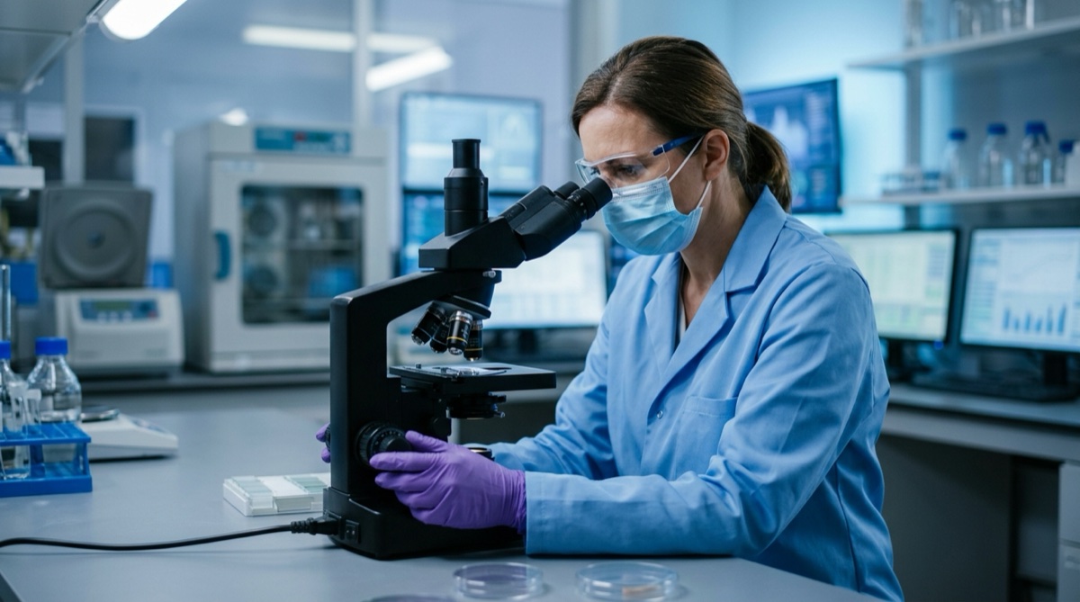 Laboratory scientist reviewing microscopy samples