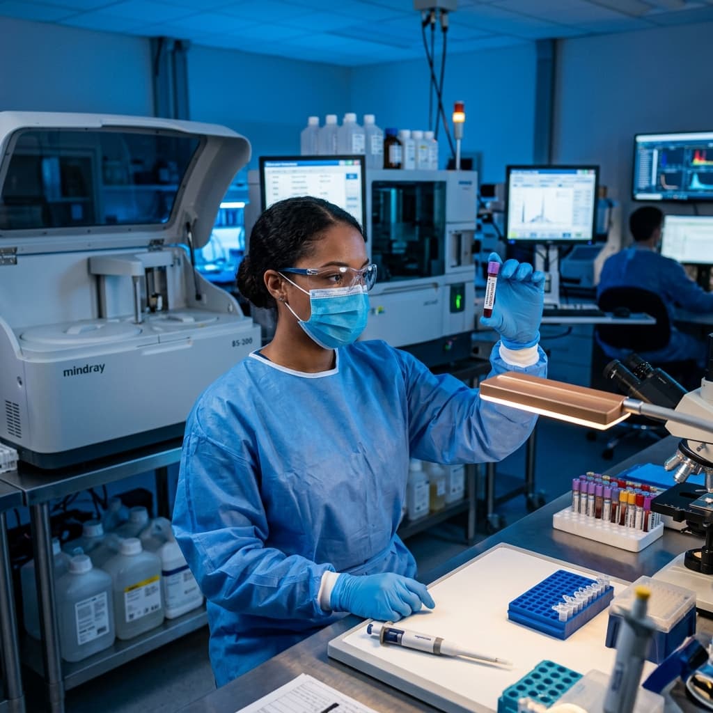 Lab scientist in protective gear holding a sample tube beside lab analyzers and a microscope