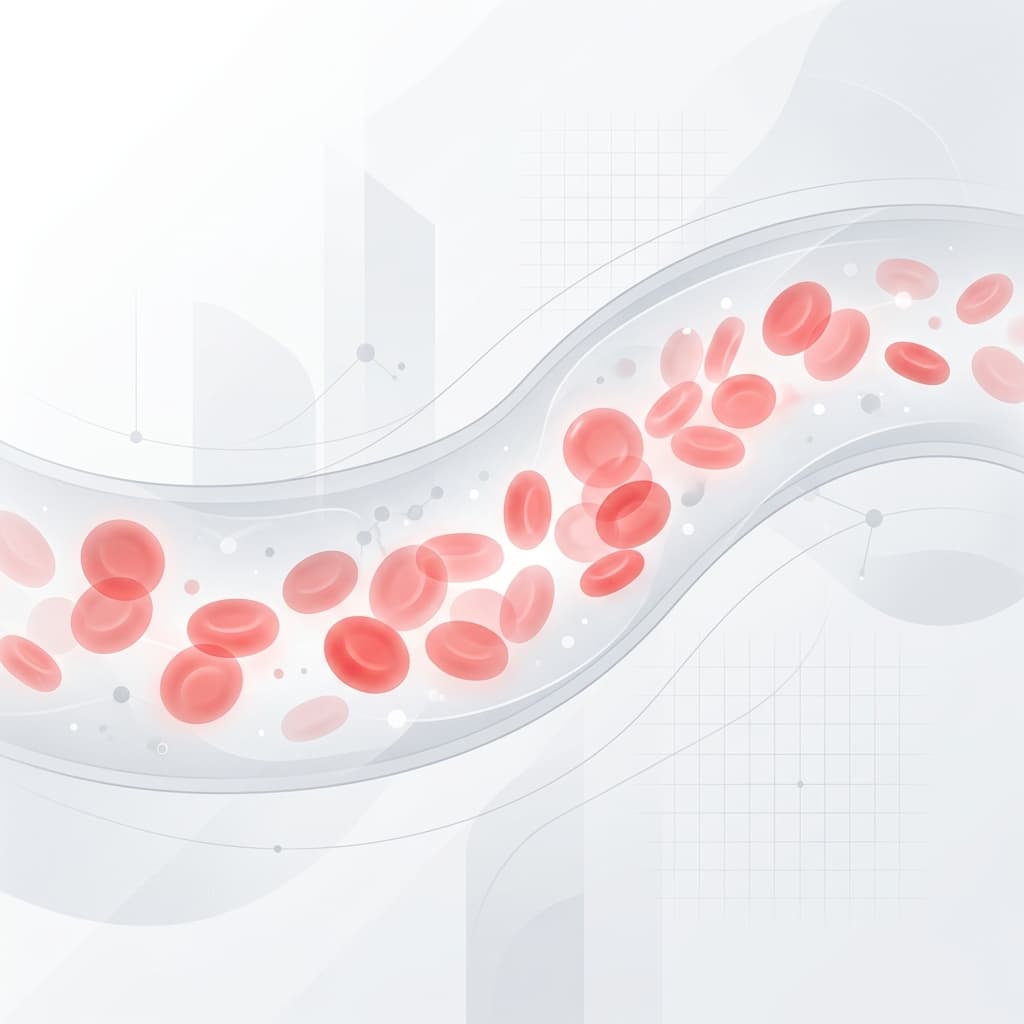 Illustration of red blood cells flowing through a blood vessel against a pale grid background