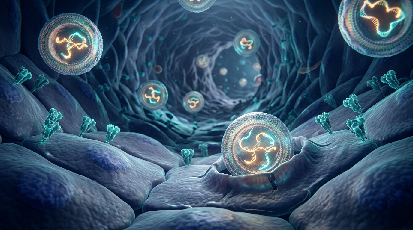3D medical visualization of lipid nanoparticles carrying mRNA through a heart capillary, docking with endothelial lining cells