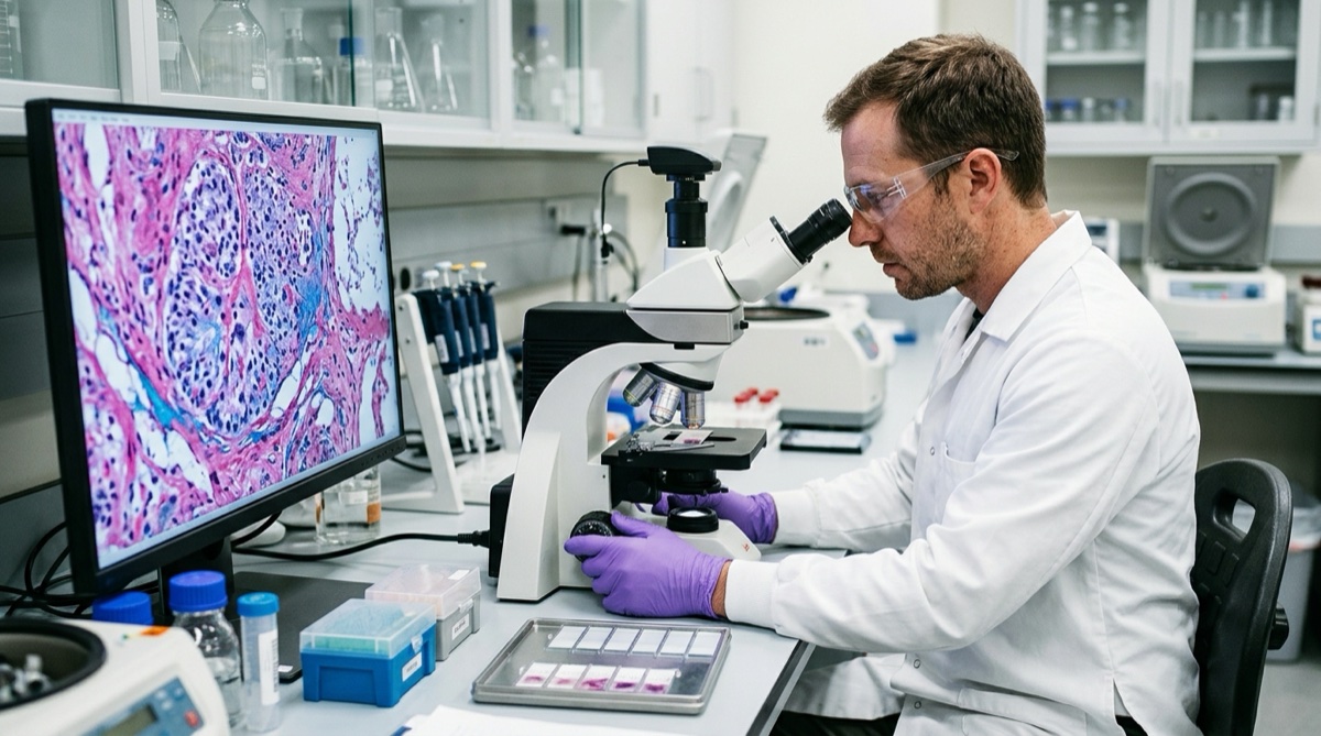 Caucasian cellular pathologist examining tissue pathology and foam cell slides under a research microscope