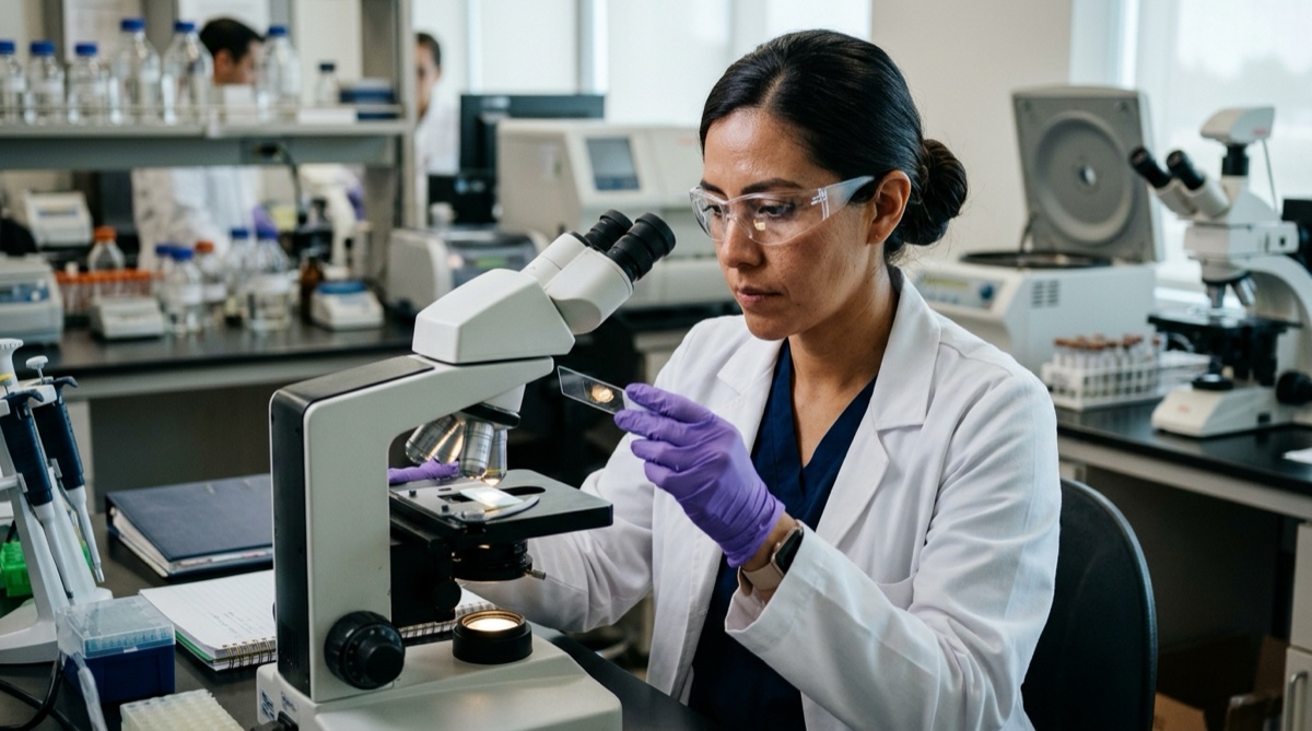 Mexican clinical laboratory scientist examining glass specimen slides at a diagnostic hematology workstation