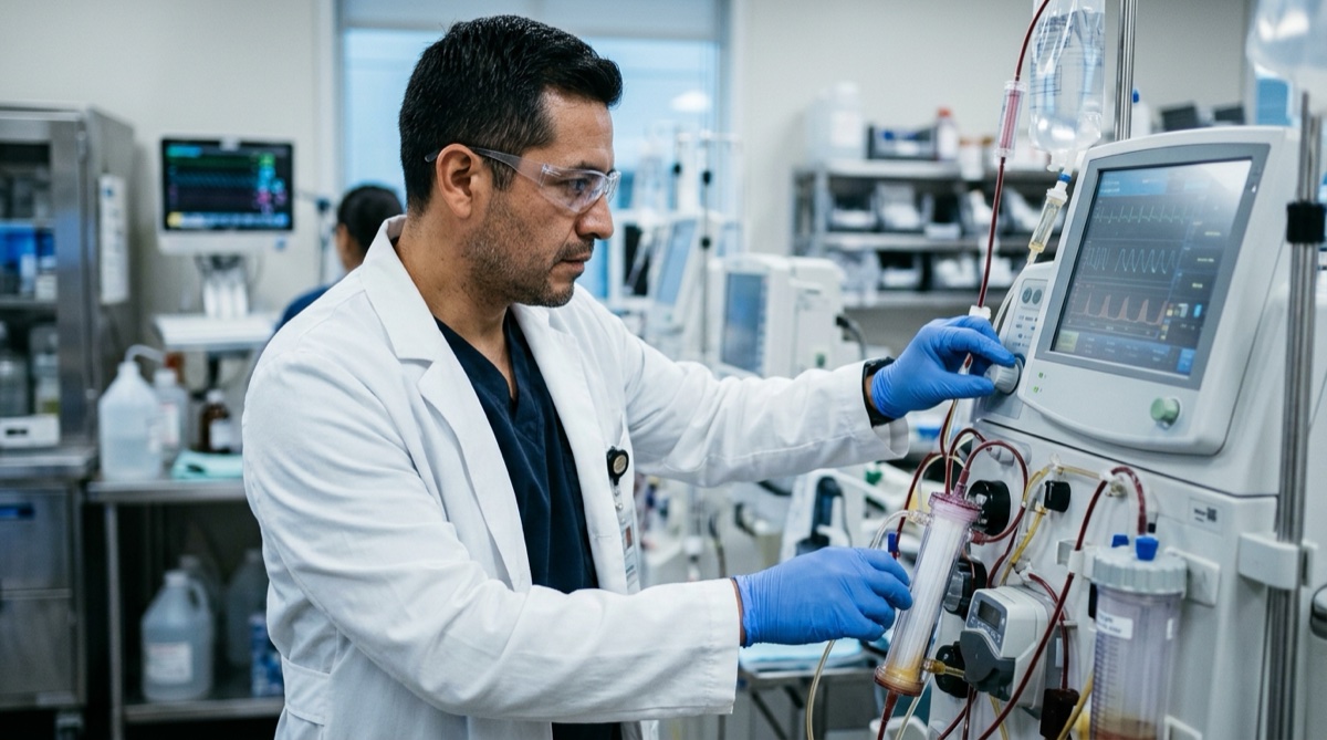 Mexican clinical scientist operating a therapeutic plasmapheresis and blood filtration system in a specialized laboratory