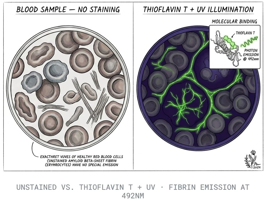 Two-panel illustration: left panel shows blood sample with no staining β healthy red blood cells and unstained amyloid beta-sheet fibrin structures. Right panel shows the same sample under Thioflavin T staining and UV illumination β amyloid fibrils emit bright green fluorescence at 492nm while healthy cells remain dark. Inset shows molecular binding mechanism.